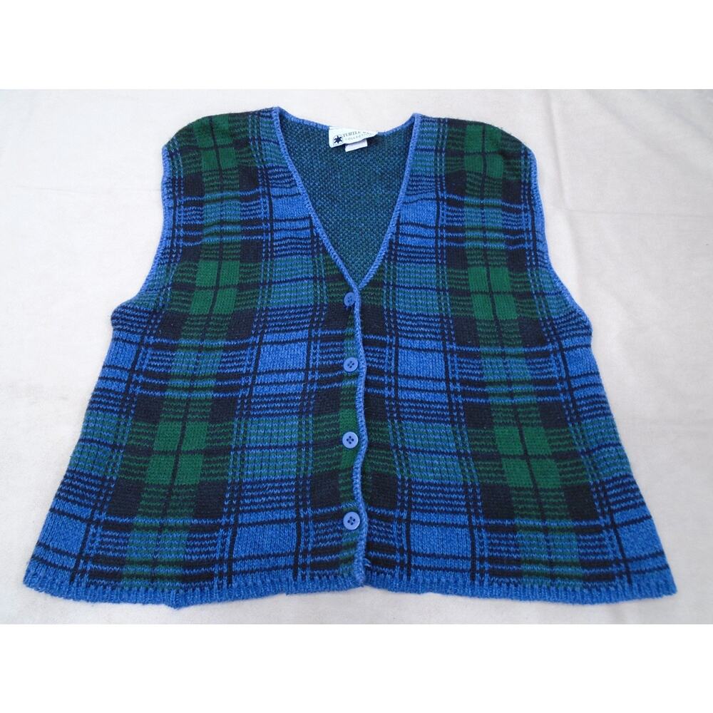 Vintage 90s Womens Turtle Bay Plaid Cardigan Vest Button Knit Size Small